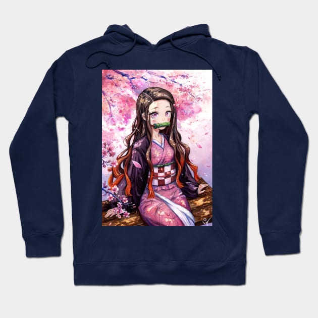 Watercolor Nezuko Under Sakura Tree- Demon Slayer Fanart Hoodie by mendic